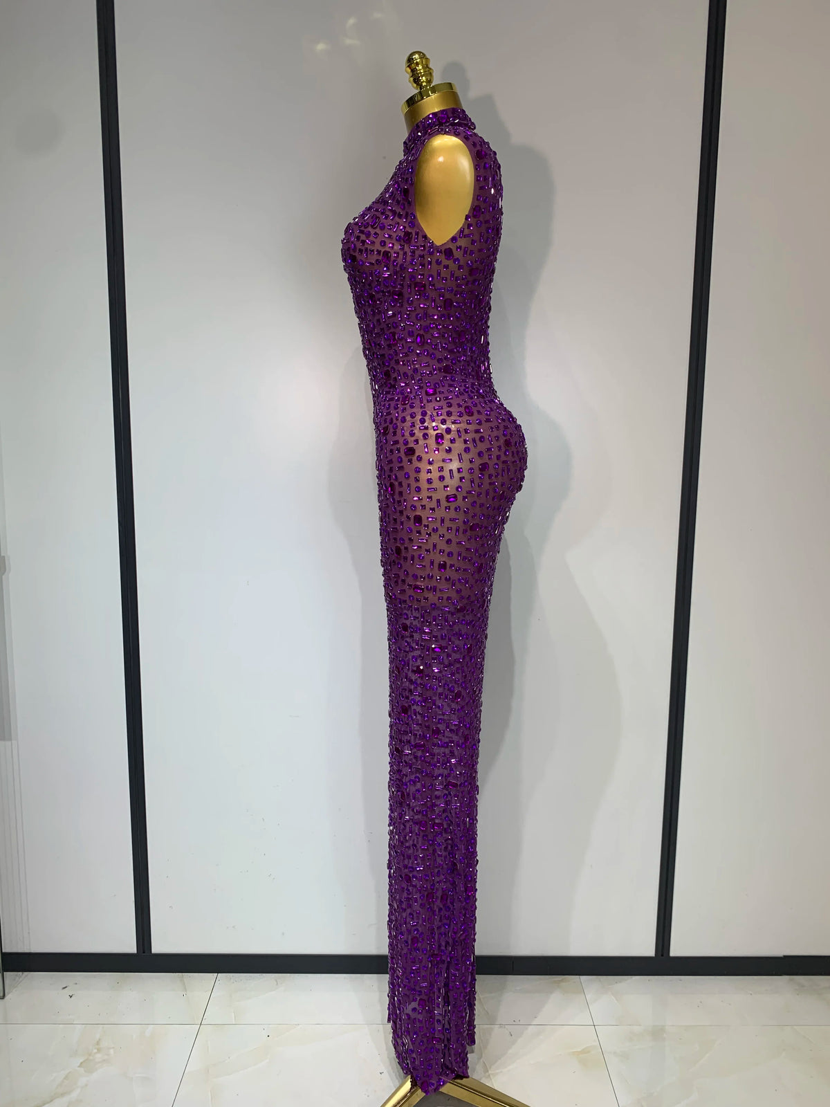 Gold Rhinestone Sleeveless Long Dress for Women