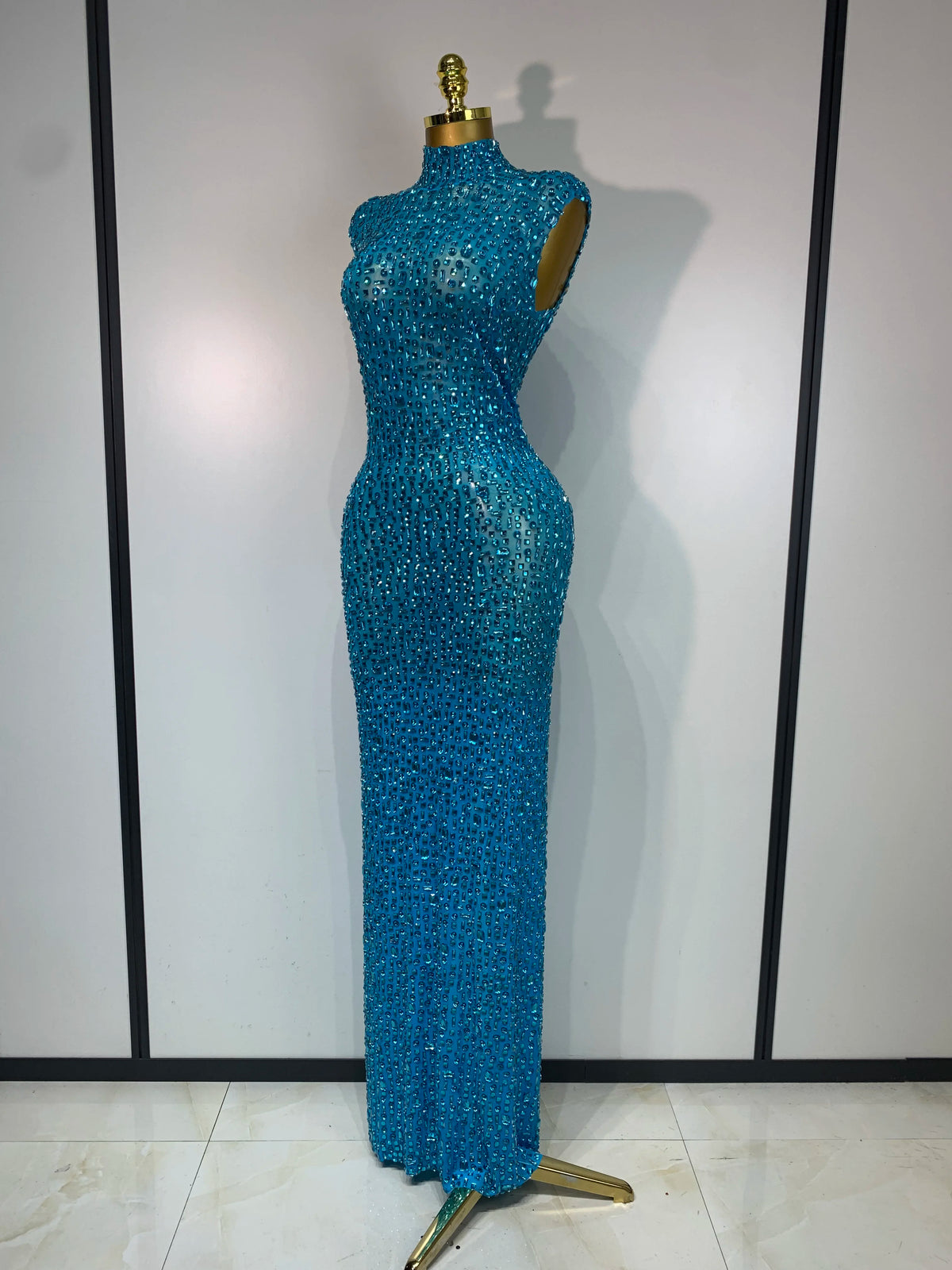 Gold Rhinestone Sleeveless Long Dress for Women