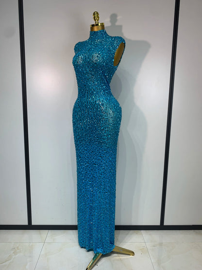 Gold Rhinestone Sleeveless Long Dress for Women