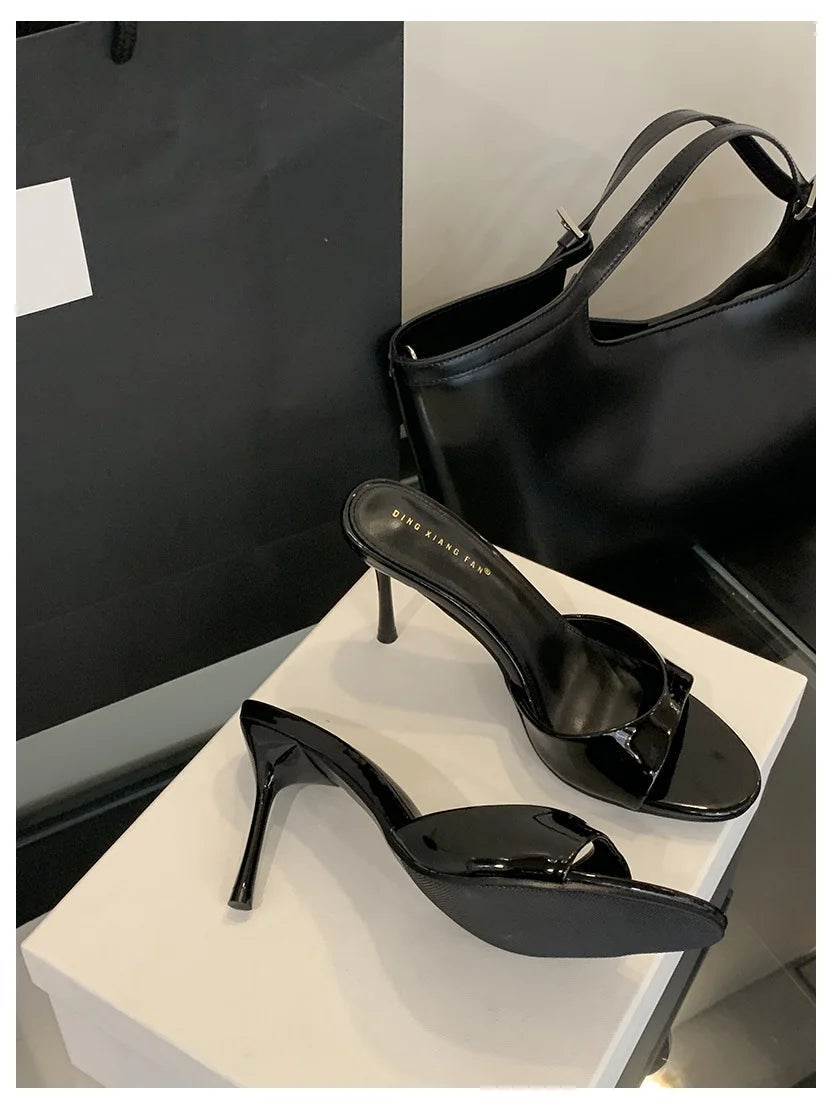 Thin High Heels Open Toe Slides Women Patent Leather Sandals