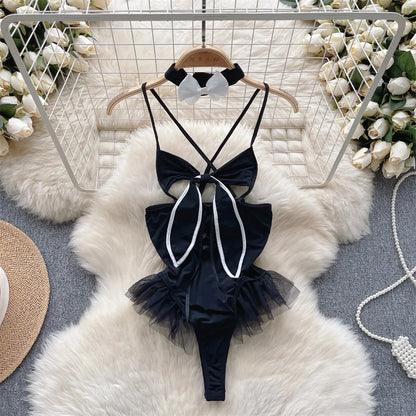 Women Transparent Lace Up Halter Bodysuit Romper