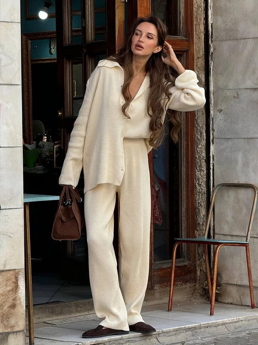 Knit Cardigan Pants Set for Women - Thick and Warm Outfit