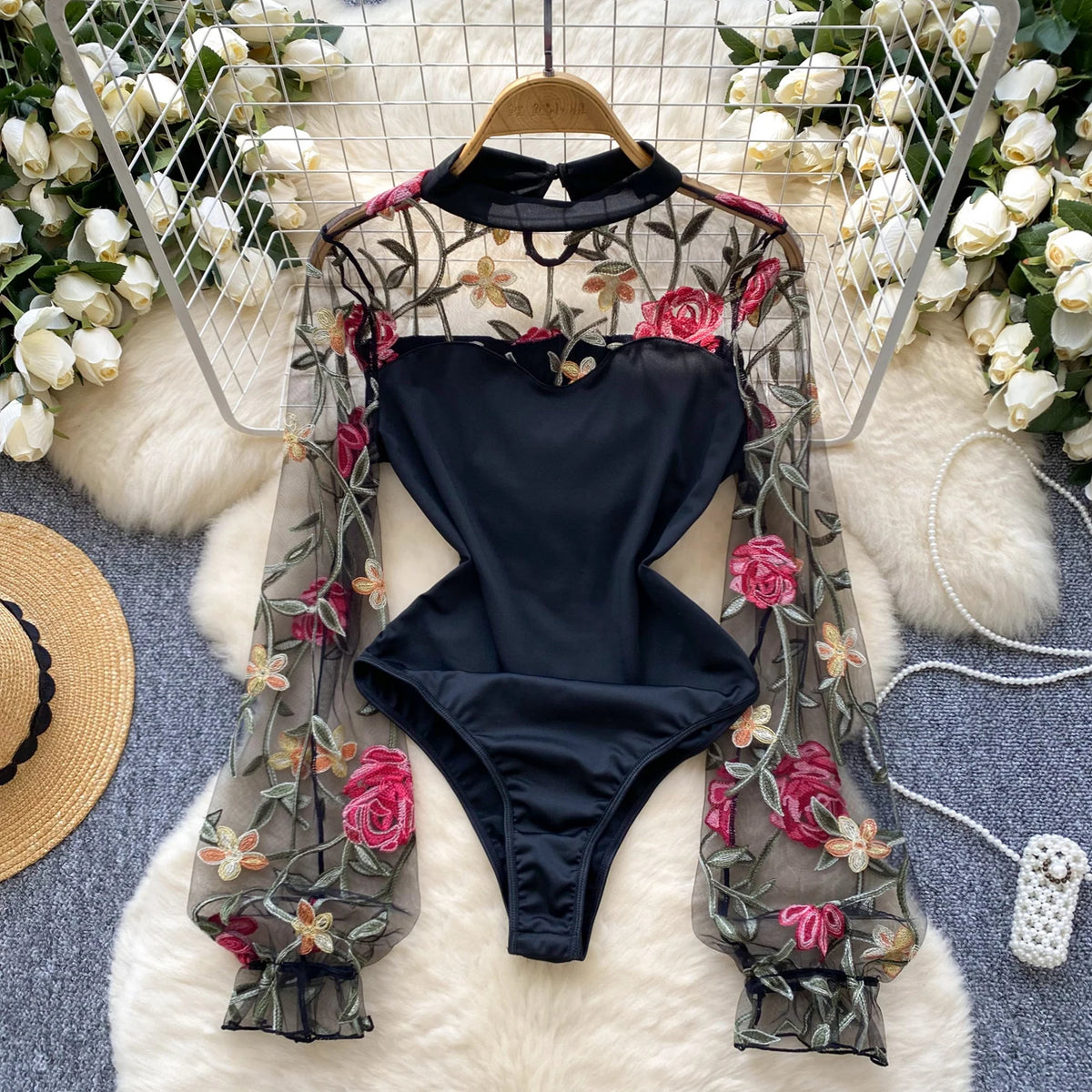 SINGREINY Vintage Embroidery Gauze Bodysuit for Women
