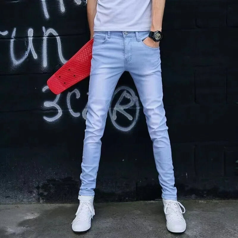 Mens Slim Fit Denim Pencil Pants Black White Stretch Jeans