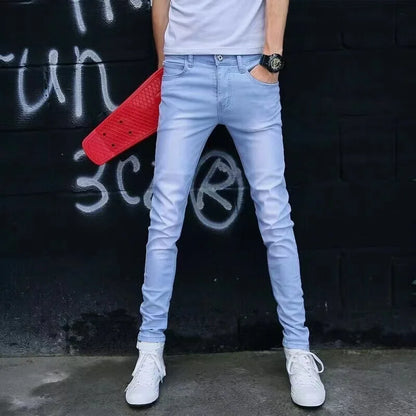 Mens Slim Fit Denim Pencil Pants Black White Stretch Jeans
