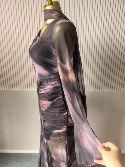 Women Tie Dye Maxi Dress with Skew Neck and Flare Sleeves