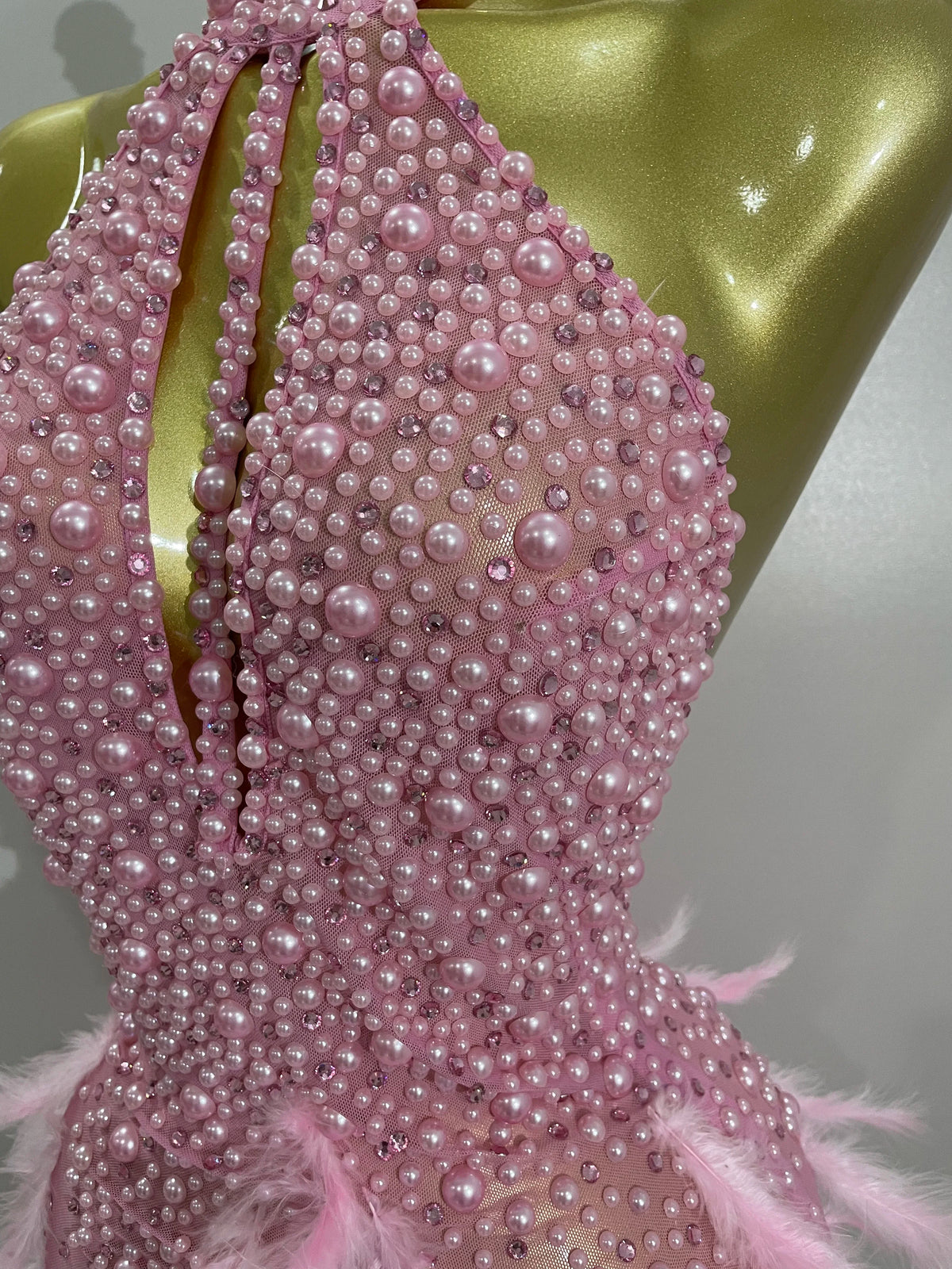 Luxury Rhinestones Pearls Feathers Halter Backless Dress