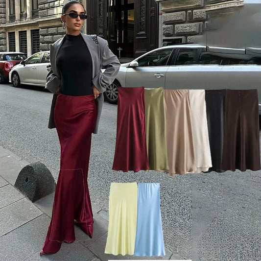 Vintage Satin Solid Long Skirt Women High Waist