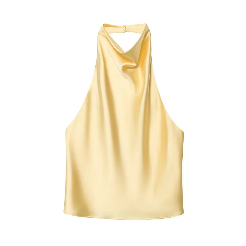 Black Satin Backless Halter Top for Women