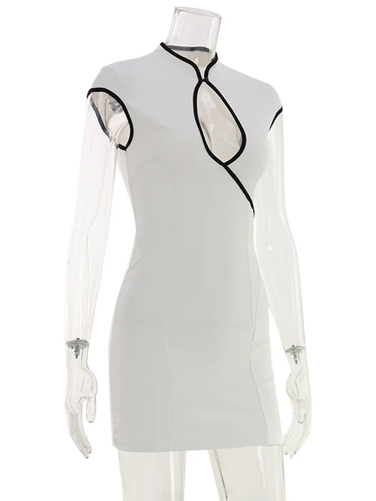 Huhugirl Color Block Hollow Out Mini Dress for Women