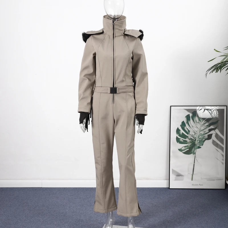 Women's Ski Suit with Fur Hood and Zippers