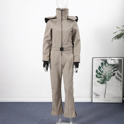 Women's Ski Suit with Fur Hood and Zippers