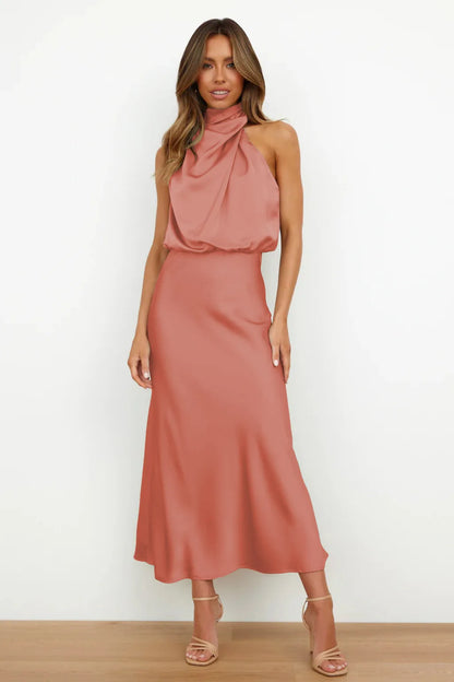 Elegant Silk Satin Sleeveless Long Dress for Women