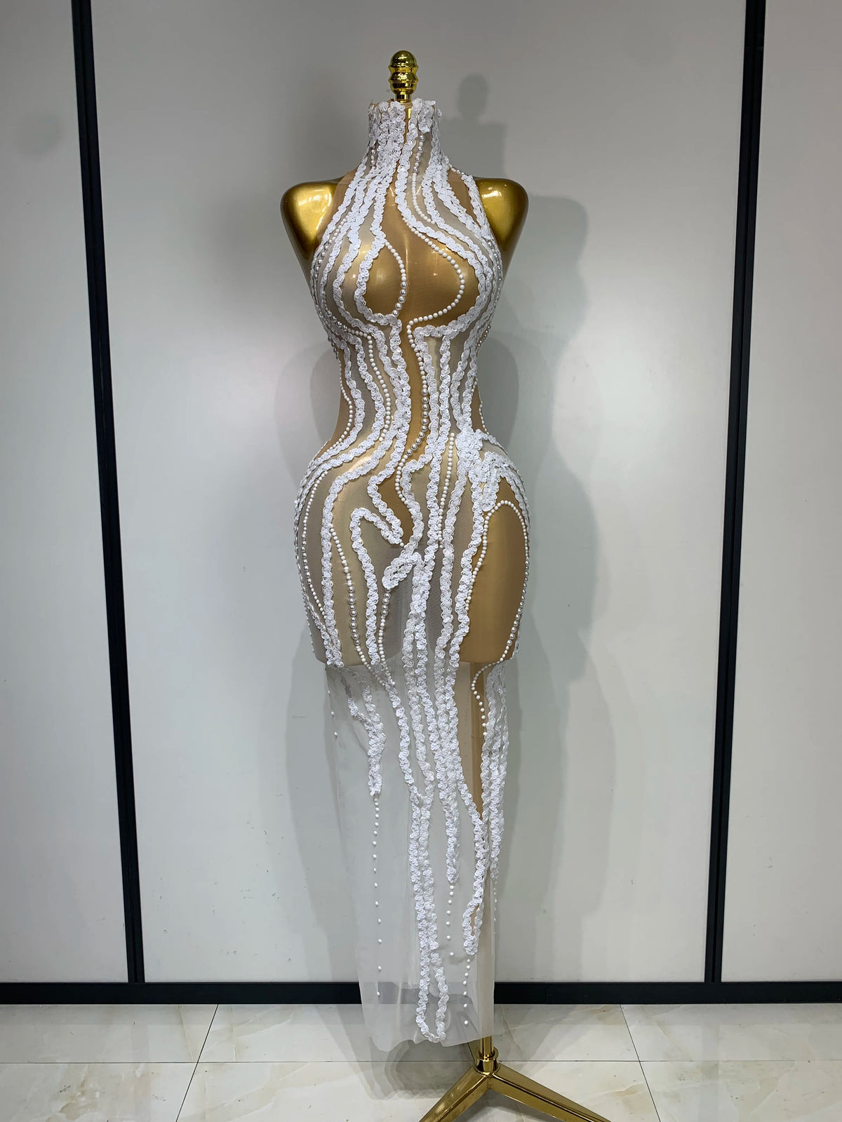Elegant Women Long Dress with Pearl Sequins