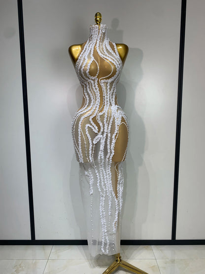 Elegant Women Long Dress with Pearl Sequins