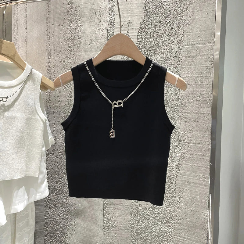 Striped Knit Sleeveless Waistcoat for Women