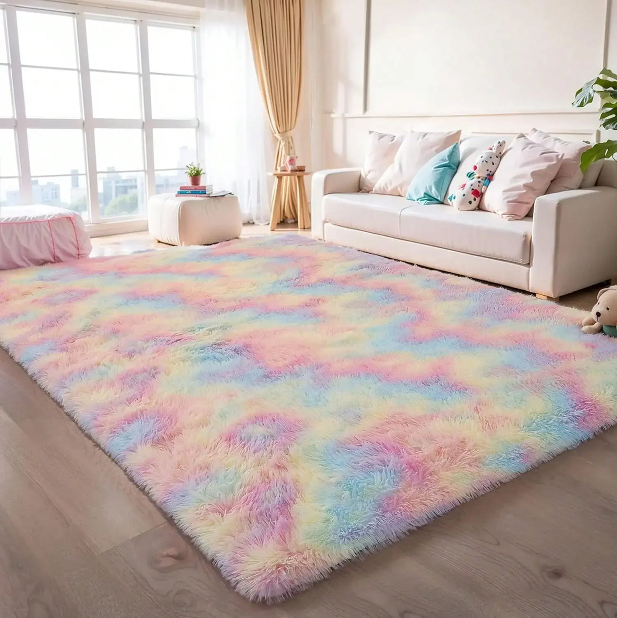 Black Plush Long-Pile Carpet, Soft Non-Slip Rug