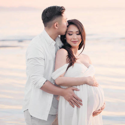 Maternity Lace Chiffon Front Split Dress in Coral Color