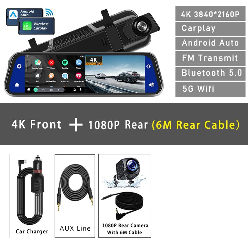 10 Inch 4K Dash Cam Rearview Mirror with GPS and WiFi