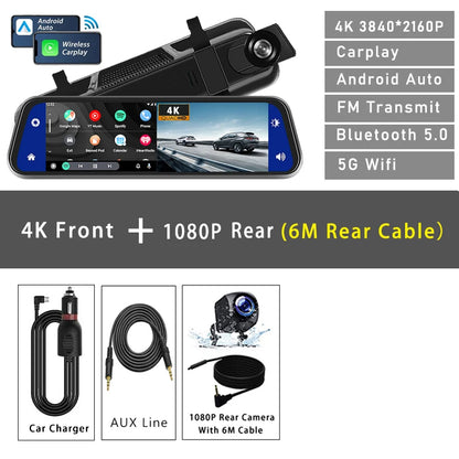 10 Inch 4K Dash Cam Rearview Mirror with GPS and WiFi
