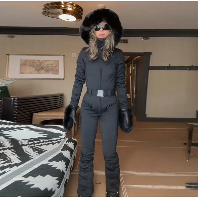 Fur-Trimmed Hooded One-Piece Ski Suit for Women