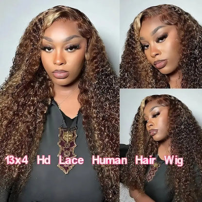 Deep Wave Human Hair Wig Honey Blonde Highlight 5x5 Lace Closure