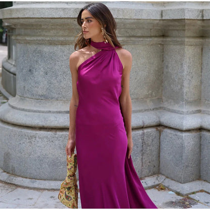 Elegant Halter Dress Women Solid Backless Maxi Dress