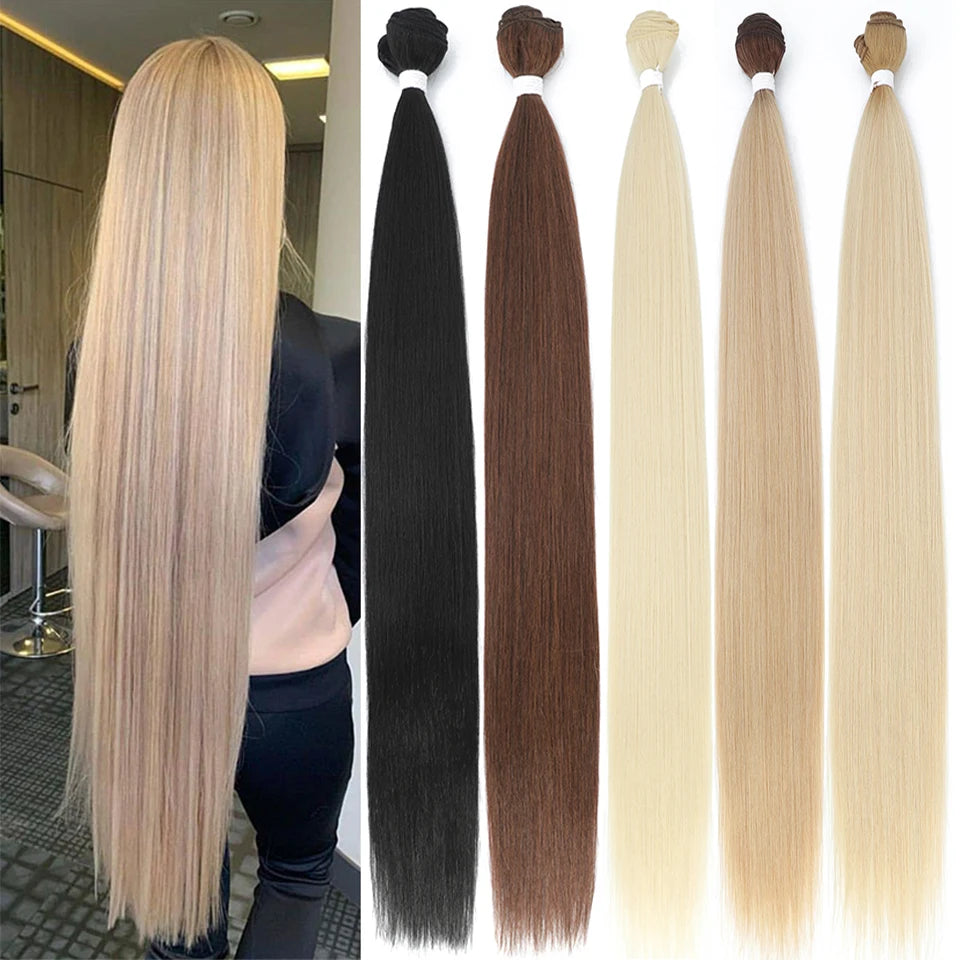 Bone Straight Synthetic Hair Bundles Yaki Weaving