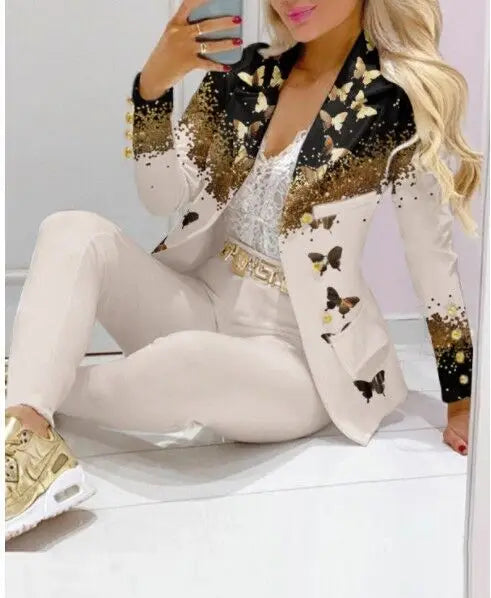 Paisley Butterfly Blazer Suit and Pants Set for Women