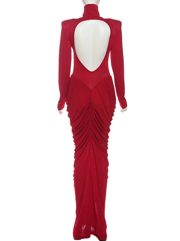 Maxi Dress Women Turtleneck Full Sleeve Backless