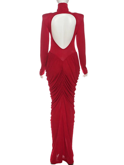 Maxi Dress Women Turtleneck Full Sleeve Backless