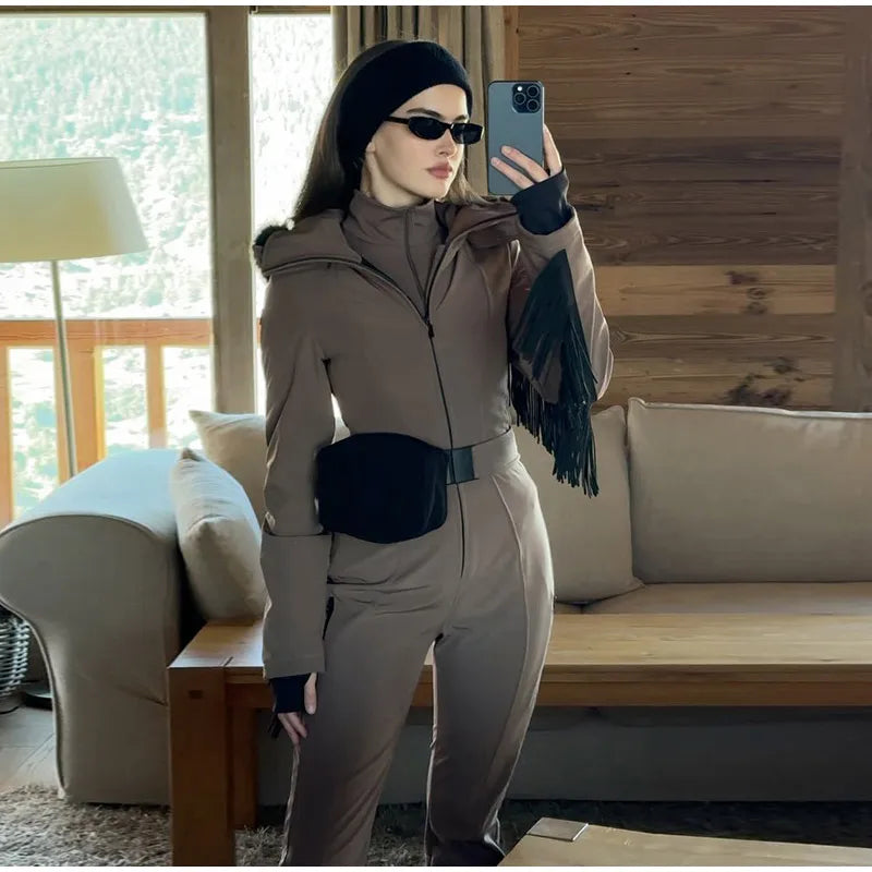 Women's Ski Suit with Fur Hood and Zippers