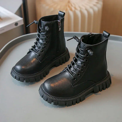 Girls Black Leather Ankle Boots with Thick Sole