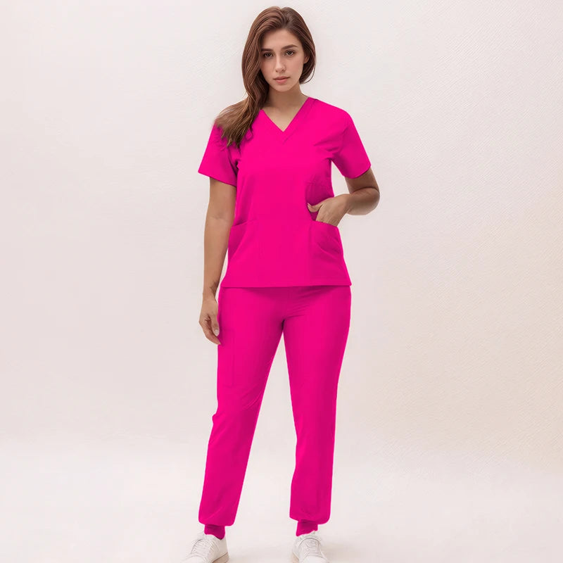 Stretchy V-Neck Nurse Scrub Set Jogger Pants