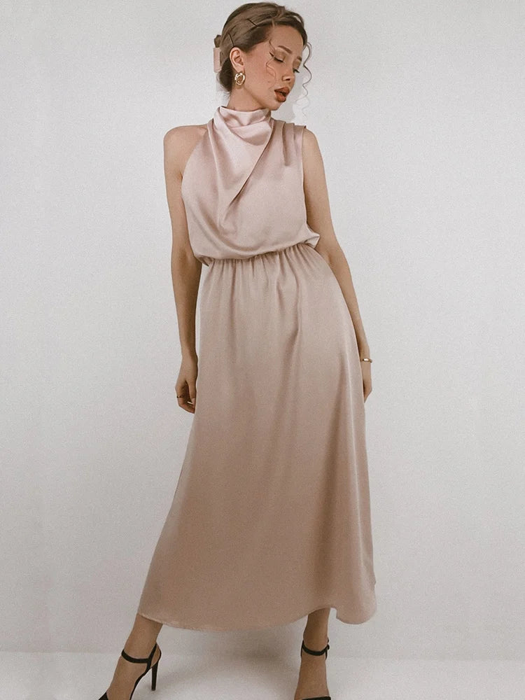 Elegant Silk Satin Sleeveless Long Dress for Women