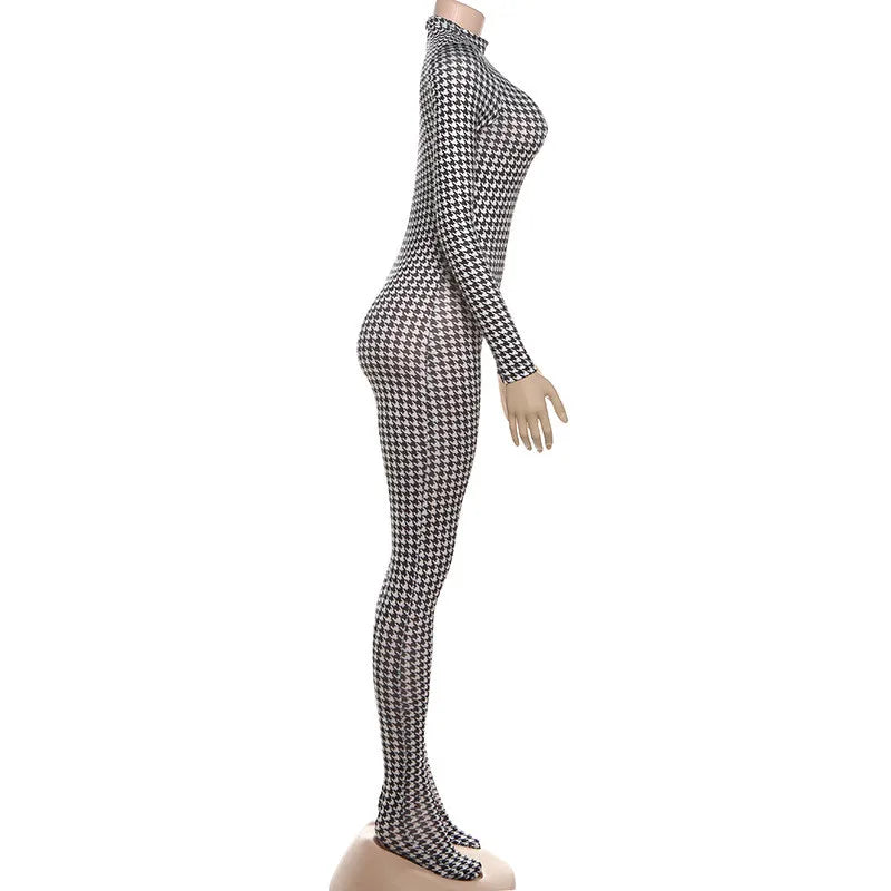 Plaid Bodycon Jumpsuit Women Turtleneck Fitness Clothing