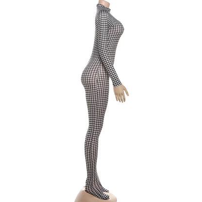 Plaid Bodycon Jumpsuit Women Turtleneck Fitness Clothing