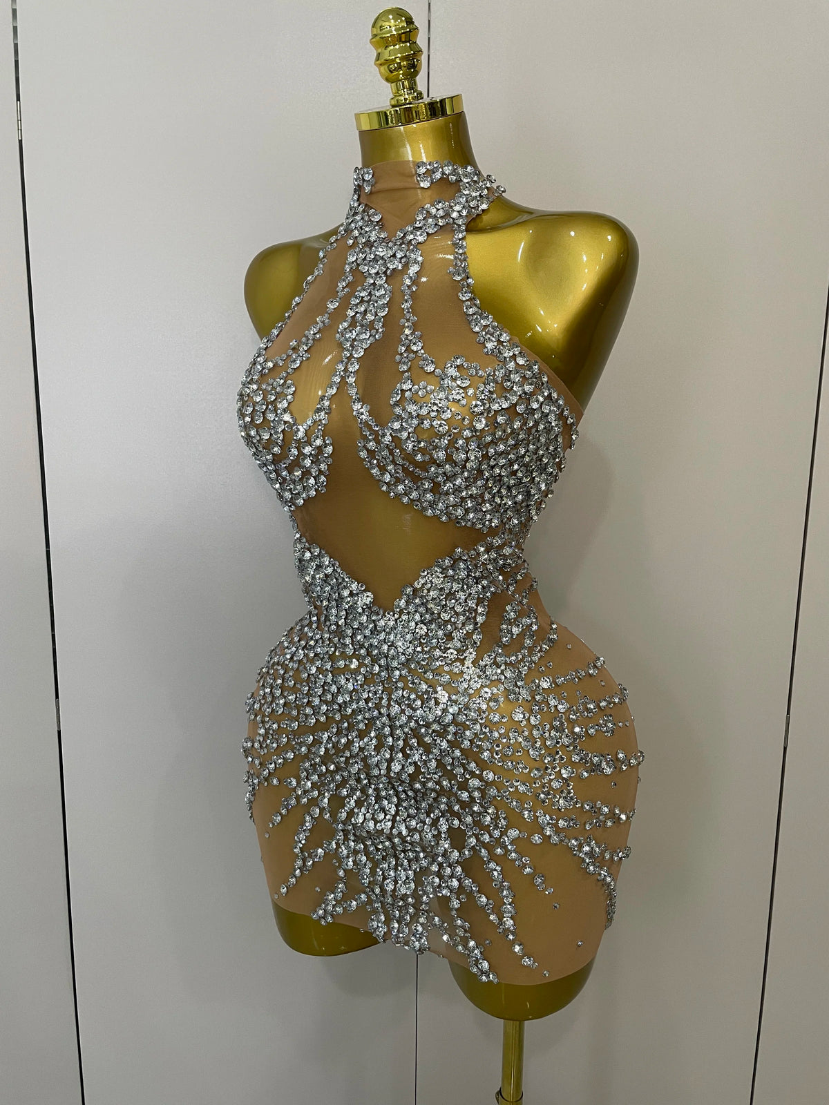 Sparkly Rhinestones Mesh See Through Dress for Women