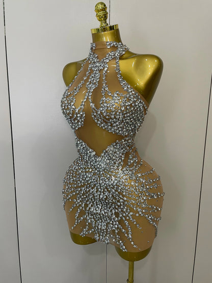 Sparkly Rhinestones Mesh See Through Dress for Women