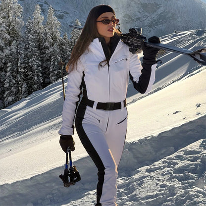 Hooded One-Piece Ski Jumpsuit for Women Windproof Outwear