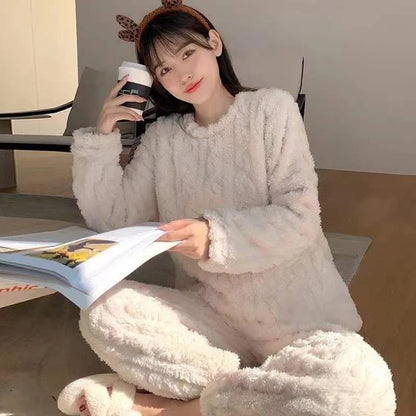 Warm Velvet Ribbed Fleece Pajama Set for Women