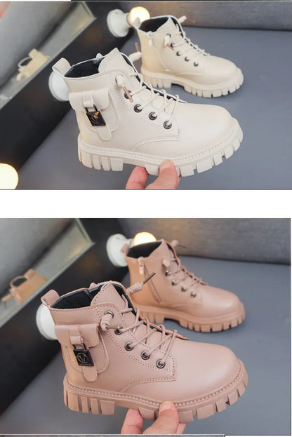 Girls PU Leather Ankle Boots with Anti-slip Sole
