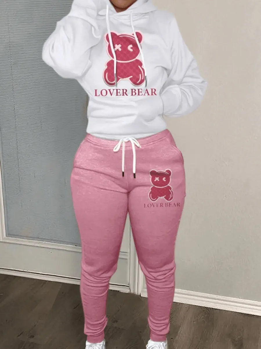 Plus Size Cartoon Bear Print Hooded Sweater Set