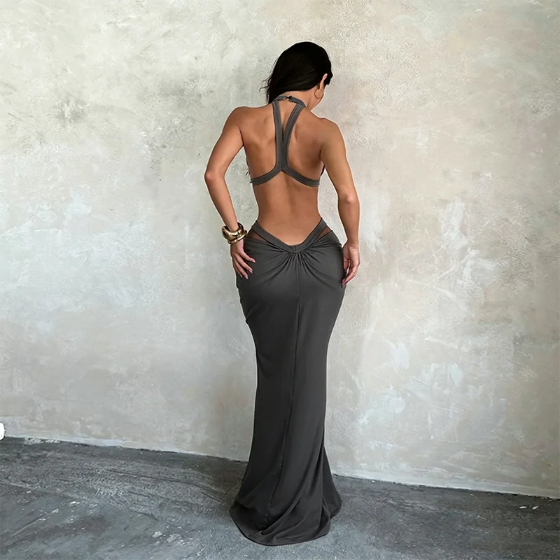 Khaki Halter Cut-Out Maxi Dress for Elegant Parties