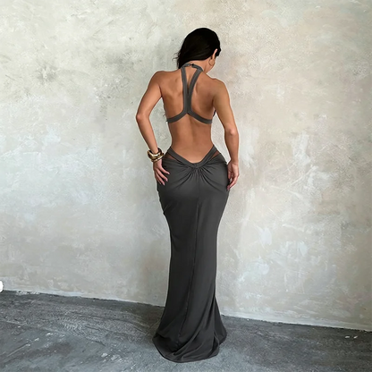 Khaki Halter Cut-Out Maxi Dress for Elegant Parties