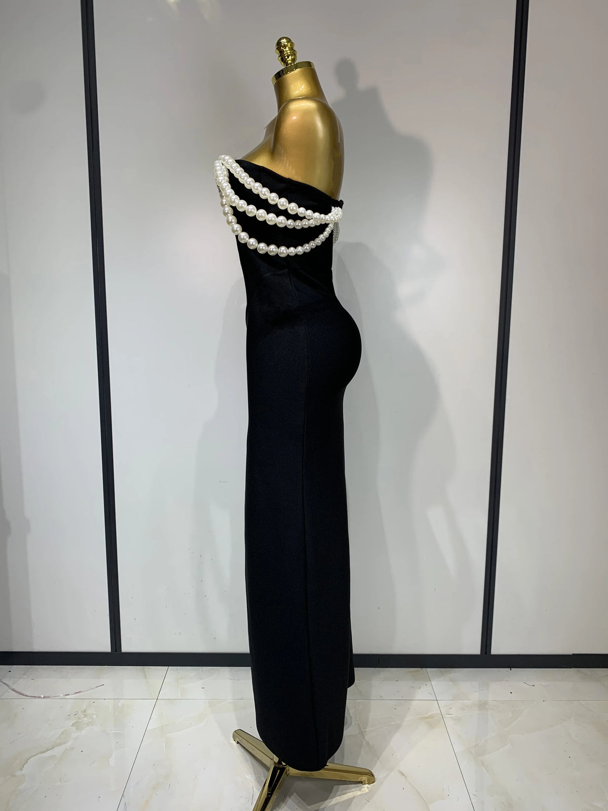 Women V Neck Maxi Bandage Dress with Pearls