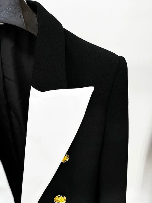 Slim Fitting Color Block Blazer with Rose Metal Buttons