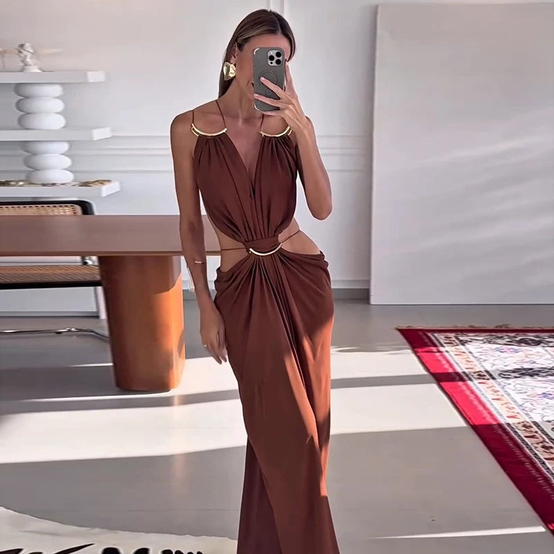 Backless Halter Dress for Women in Solid Polyester