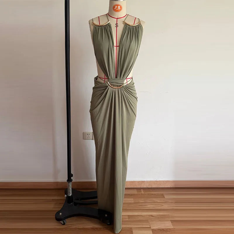 Backless Halter Dress for Women in Solid Polyester