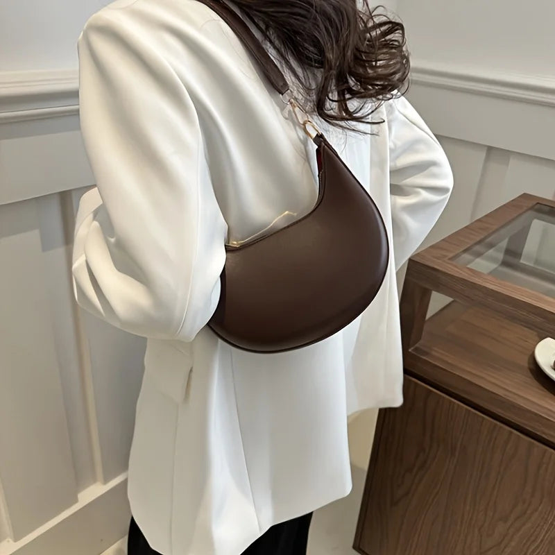 Women's Moon-shaped PU Shoulder Bag with Sequined Detail